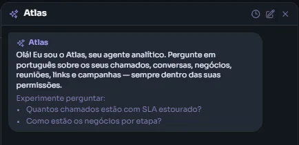 Atlas, o agente analítico do Galactia, se apresentando e sugerindo perguntas como “quantos chamados estão com SLA estourado?”